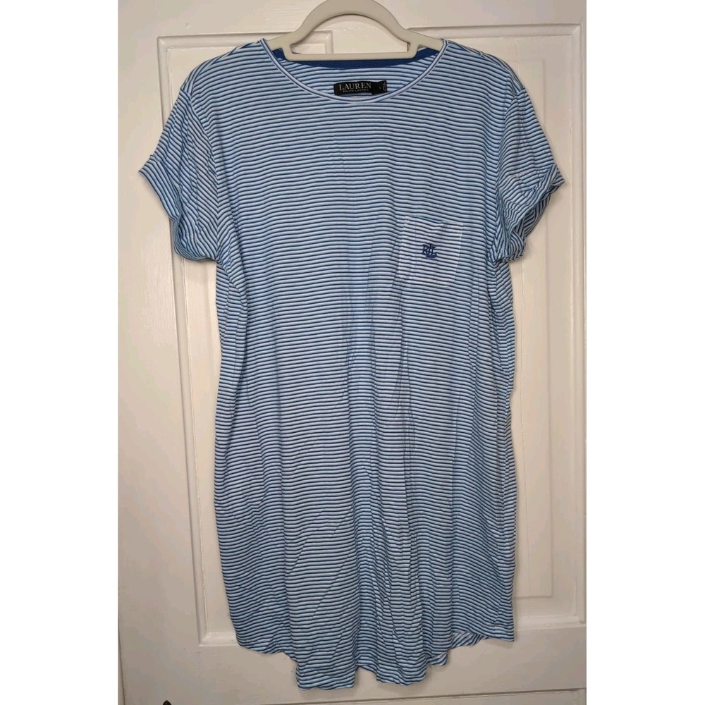 Lauren Ralph Lauren Blue White Striped Sleepshirt Pocket Tee Women's L(1275)